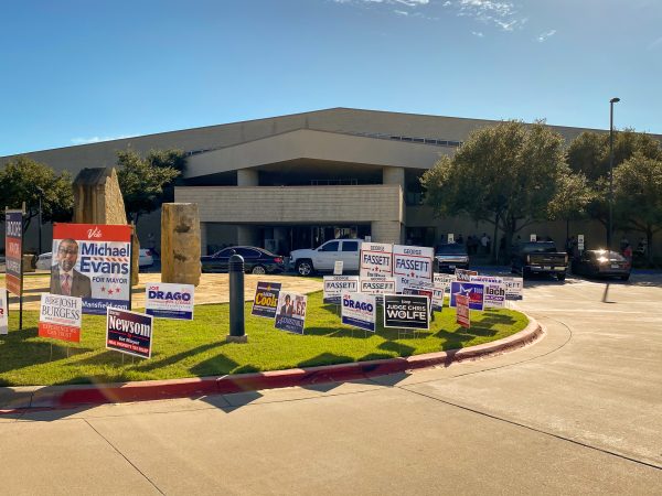 Campaign yard signs lined the front of the Tarrant County Subcourthouse in Mansfield during the 2020 election.