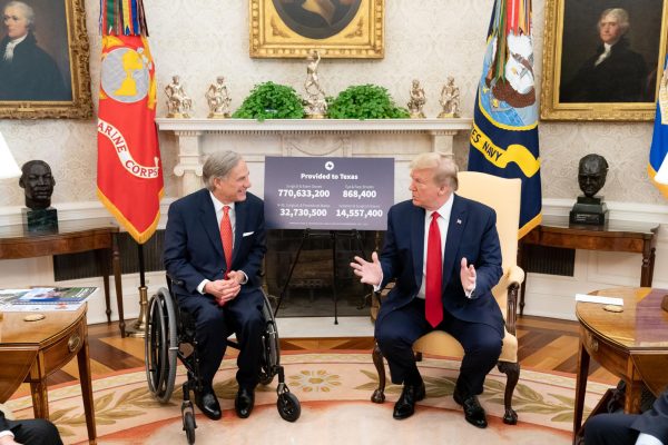 President Donald Trump meets with Gov. Greg Abbott in the Oval Office in 2020